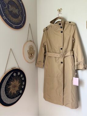 Avec Les Filles Beige cotton funnel neck Trench Coat with Belt